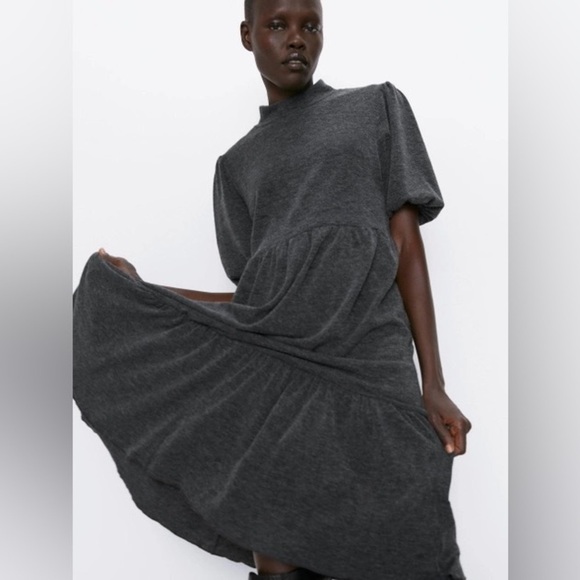 NWT ZARA Women’s Charcoal Gray Mock Neck Sweater Relaxed Midi Dress Small S - Picture 5 of 7